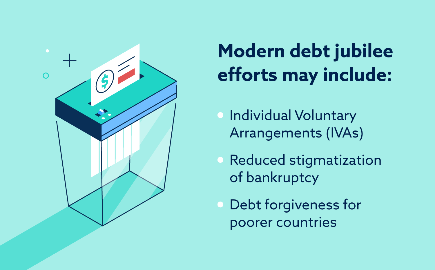 Modern debt jubilee efforts may include: individual voluntary arrangements (IVAs), reduced stigmatization of bankruptcy and debt forgiveness for poorer countries.