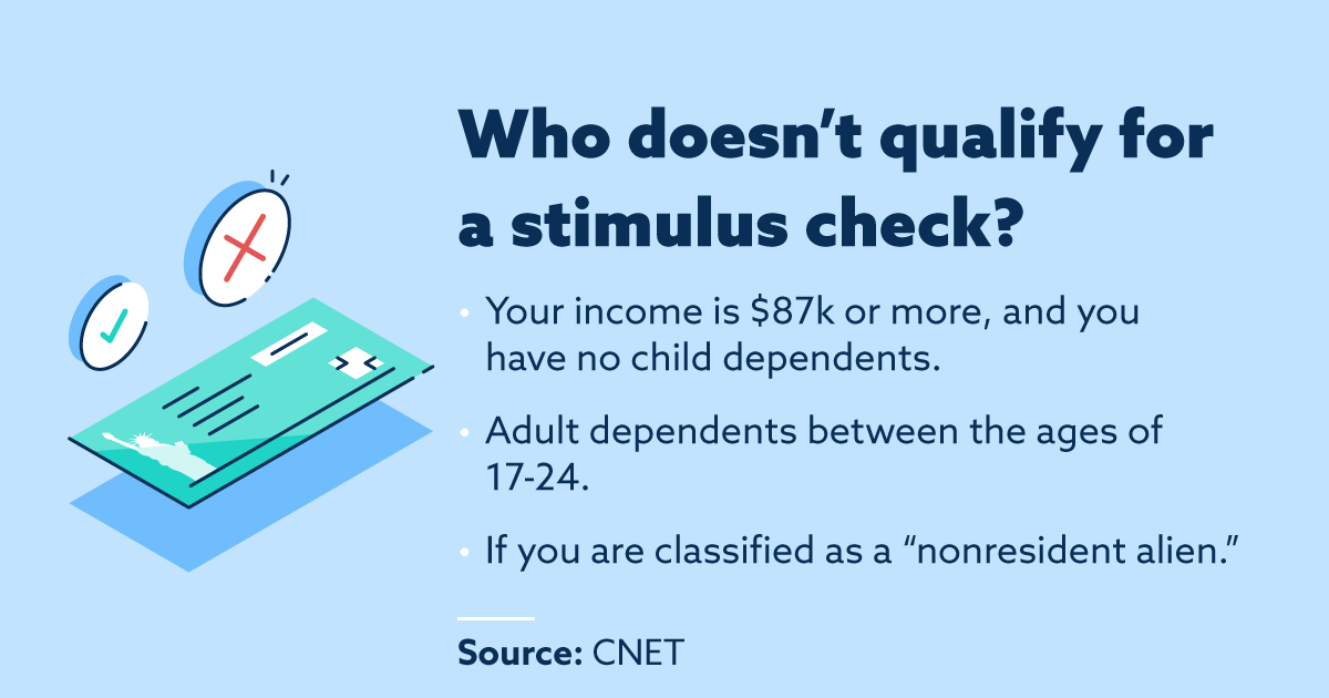 Who doesn't qualify for a stimulus check? If your income is $87k or more and you have no child dependents, adult dependents between the ages of 17 - 24, or you are classified as a "nonresident alien" you don't qualify for a second stimulus check.