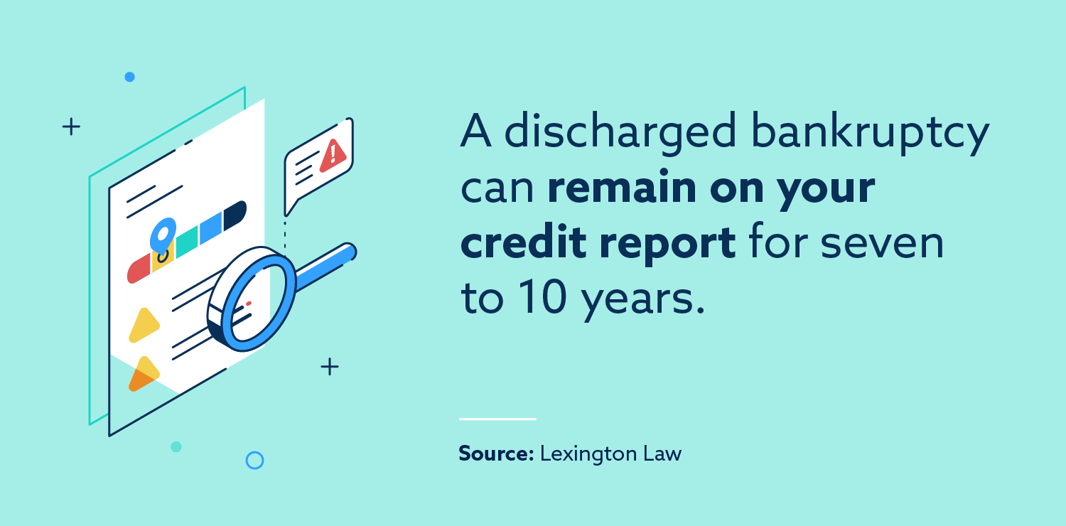 A discharged bankruptcy can stay on your credit report for 7 to 10 years.