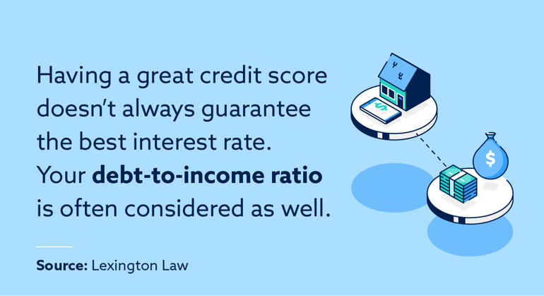 An illustration of a home and a bag of money along with information about how lenders look at debt-to-income ratios in addition to credit scores.